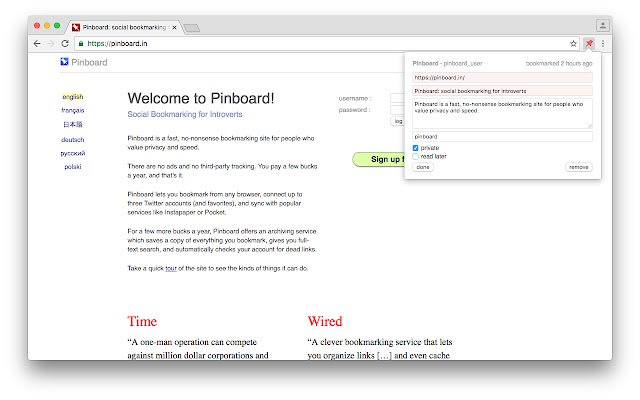 Pinboard++ for Pinboard  from Chrome web store to be run with OffiDocs Chromium online