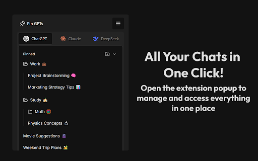 Pin GPTs Pin Chats and Folders for ChatGPT, Claude and DeepSeek  from Chrome web store to be run with OffiDocs Chromium online