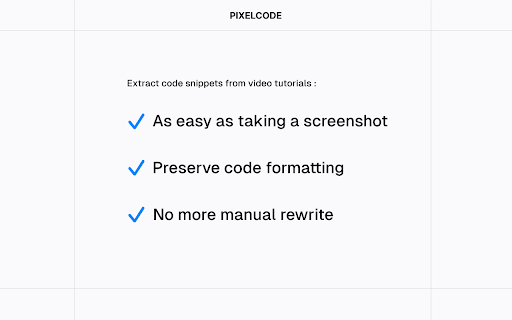 Pixelcode AI Extract code from video tutorials  from Chrome web store to be run with OffiDocs Chromium online