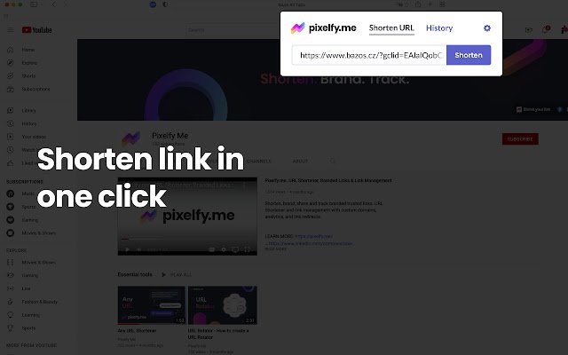 Pixelfy Link Shortener Пользовательский сокращатель URL-адресов из интернет-магазина Chrome для запуска с OffiDocs Chromium онлайн