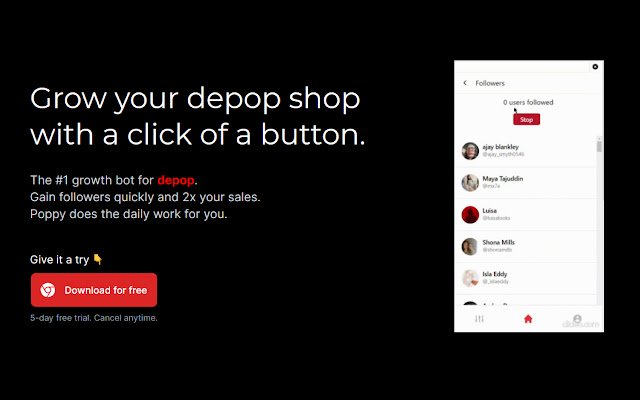 Poppy Depop Bot: OffiDocs Chromium çevrimiçi ile çalıştırılacak Chrome web mağazasından 1 numaralı Depop Satıcı Botu
