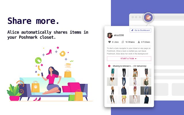 Poshmark Bot Ok Alice de Chrome web store se ejecutará con OffiDocs Chromium en línea