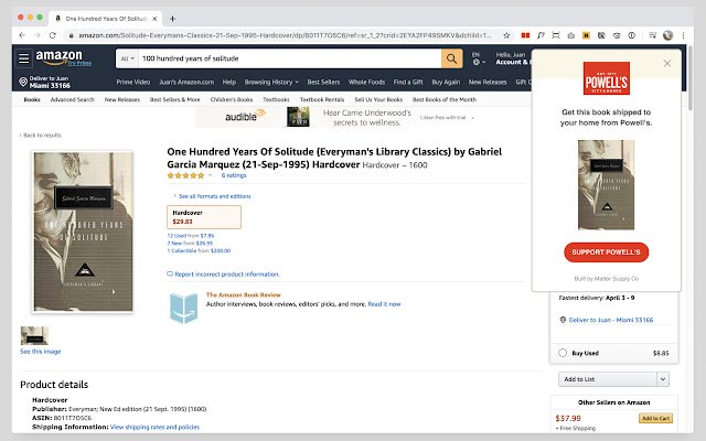 Powell's Compare pour Amazon à partir de la boutique en ligne Chrome doit être exécuté avec OffiDocs Chromium en ligne