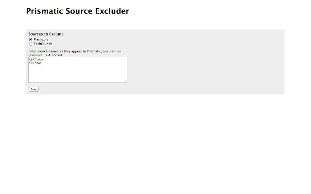 OffiDocs Chromiumオンラインで実行されるChrome WebストアのPrismatic Source Excluder
