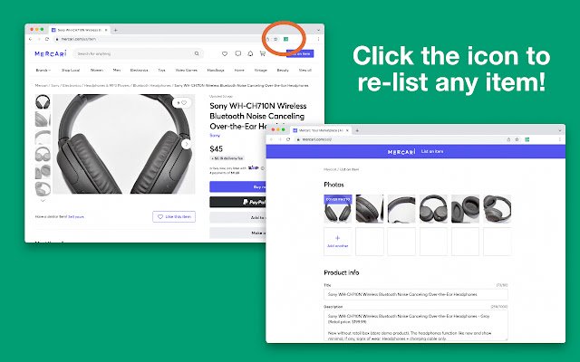 Product Relister for Mercari from Chrome web store to be run with OffiDocs Chromium online Product Relister for Mercari from Chrome web store to be run with OffiDocs Chromium online