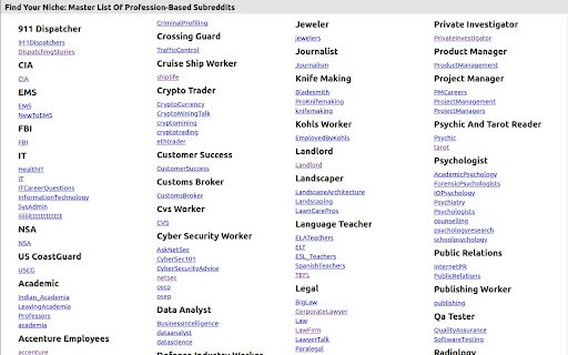 Profession Based Subreddits  from Chrome web store to be run with OffiDocs Chromium online