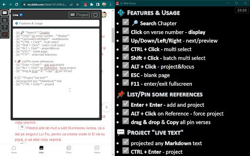 Project verses from bible.com  from Chrome web store to be run with OffiDocs Chromium online