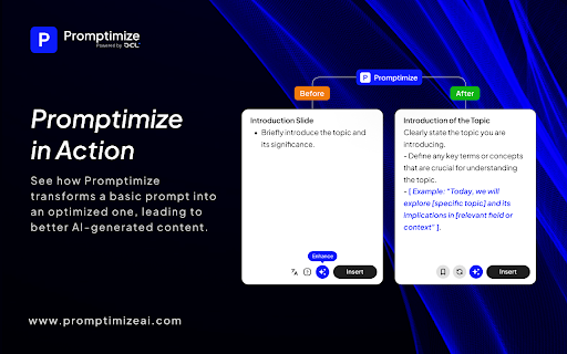 Promptimize AI: Your Personal AI Prompt Engineer — Across All AI Platforms  from Chrome web store to be run with OffiDocs Chromium online