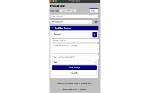 PromptVault  from Chrome web store to be run with OffiDocs Chromium online