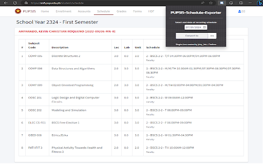 PUPSIS Schedule Exporter  from Chrome web store to be run with OffiDocs Chromium online