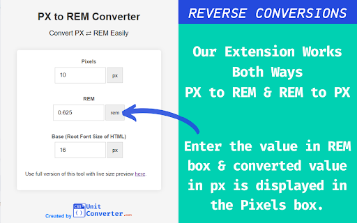 PX to REM Converter  from Chrome web store to be run with OffiDocs Chromium online