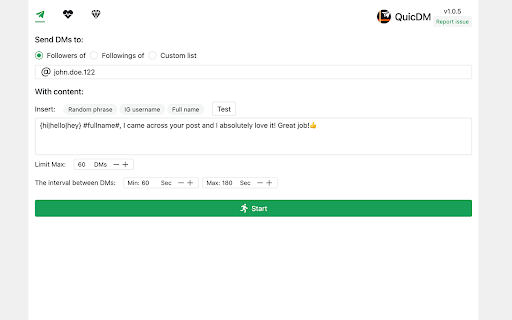 QuicDM: Steamline IG DMs with Ease  from Chrome web store to be run with OffiDocs Chromium online