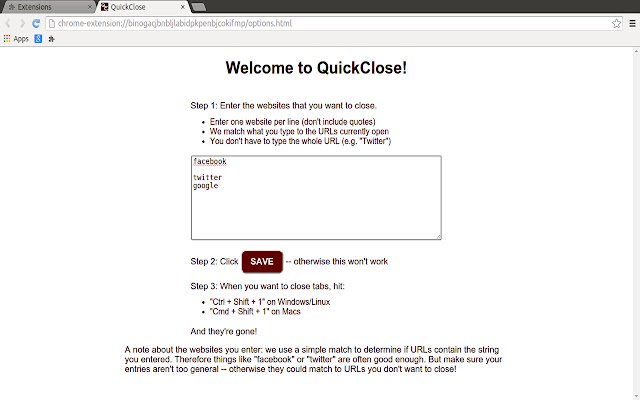 QuickClose daripada kedai web Chrome untuk dijalankan dengan OffiDocs Chromium dalam talian