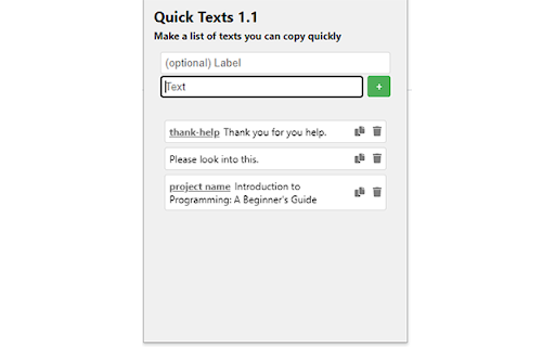 Quick Texts from Chrome web store to be run with OffiDocs Chromium online Quick Texts from Chrome web store to be run with OffiDocs Chromium online