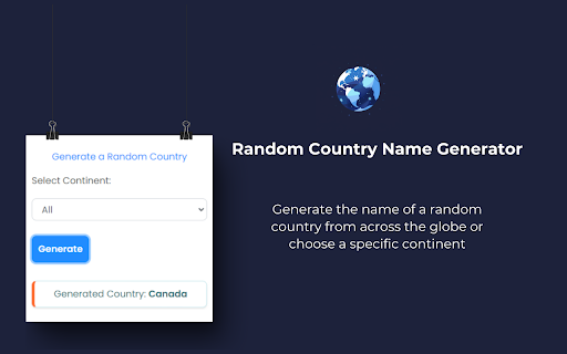 Random Country Generator  from Chrome web store to be run with OffiDocs Chromium online