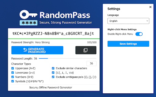 RandomPass Password Generator  from Chrome web store to be run with OffiDocs Chromium online