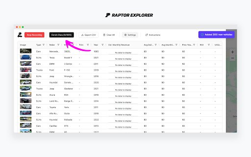 Raptor Explorer Car Rental Analytics for Turo  from Chrome web store to be run with OffiDocs Chromium online