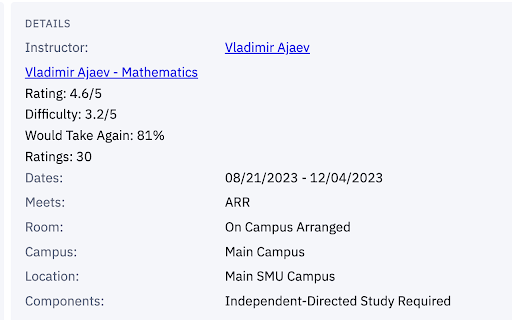 Rate My SMU Professor  from Chrome web store to be run with OffiDocs Chromium online