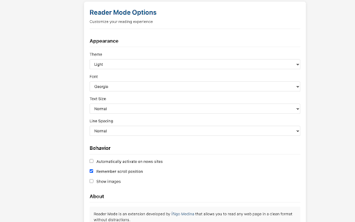 Reader Mode by Íñigo Medina  from Chrome web store to be run with OffiDocs Chromium online