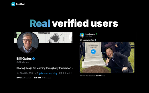 RealTwit See Real Twitter Blue Checkmarks  from Chrome web store to be run with OffiDocs Chromium online