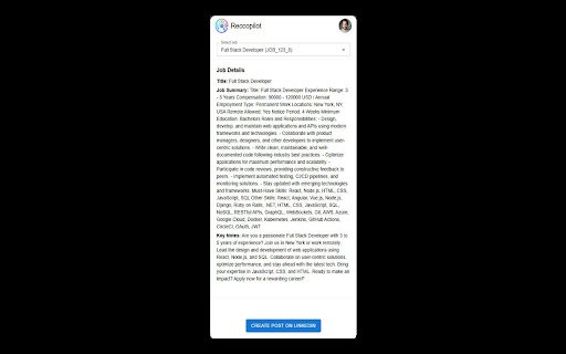 Reccopilot LinkedIn Extension – Source  Post Jobs Seamlessly  from Chrome web store to be run with OffiDocs Chromium online