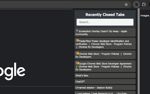 Recently Closed Tabs  from Chrome web store to be run with OffiDocs Chromium online