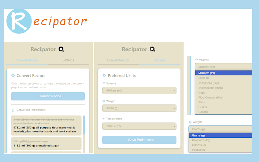 Recipator Recipe Unit Converter  from Chrome web store to be run with OffiDocs Chromium online