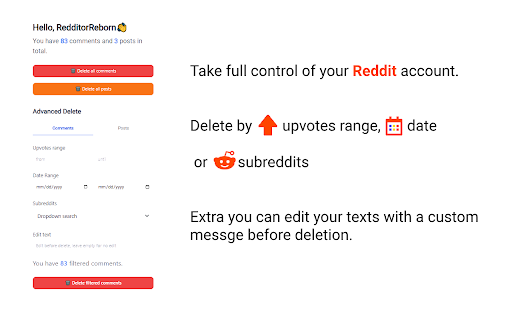 Redditor Reborn : Delete Reddit Posts  Comments  from Chrome web store to be run with OffiDocs Chromium online