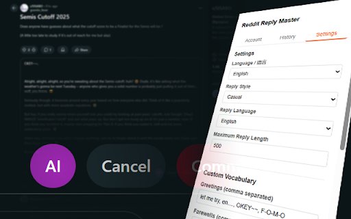 Reddit Reply Master  from Chrome web store to be run with OffiDocs Chromium online
