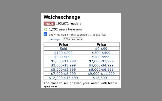 Reddit WatchExchange Price Filter  from Chrome web store to be run with OffiDocs Chromium online