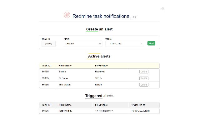 Redmine task field alert  from Chrome web store to be run with OffiDocs Chromium online