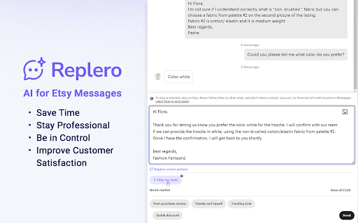 Replero: AI for Etsy Messages  from Chrome web store to be run with OffiDocs Chromium online Replero: AI for Etsy Messages  from Chrome web store to be run with OffiDocs Chromium online