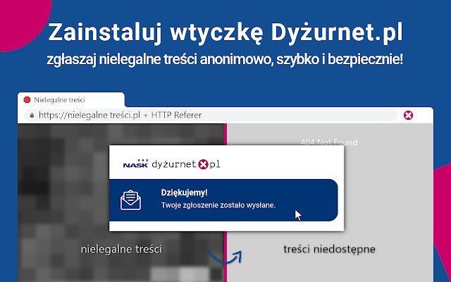 OffiDocs क्रोमियम ऑनलाइन के साथ चलाने के लिए क्रोम वेब स्टोर से Dyżurnet.pl को अवैध सामग्री की रिपोर्ट करें