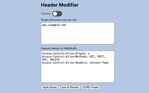 Request Headers (including CORS) Modifier  from Chrome web store to be run with OffiDocs Chromium online