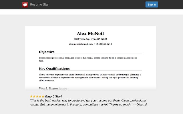 Chrome 网上商店的 Resume Star 将与 OffiDocs Chromium 在线运行