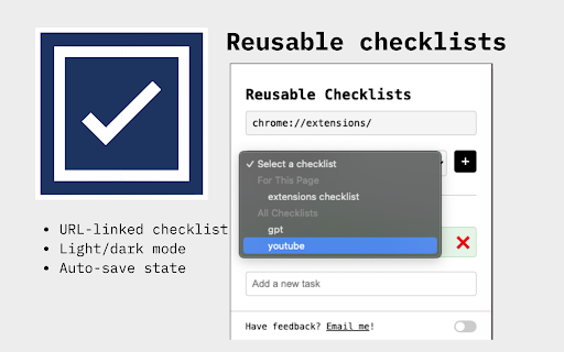 Reusable Checklists  from Chrome web store to be run with OffiDocs Chromium online