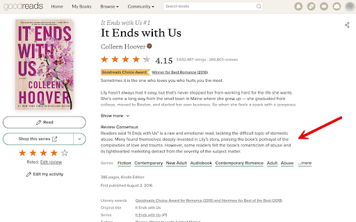 Review Consensus for Goodreads from Chrome web store to be run with OffiDocs Chromium online Review Consensus for Goodreads from Chrome web store to be run with OffiDocs Chromium online