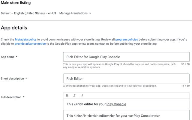 Rich Editor для Google Play Console із веб-магазину Chrome, який можна запускати за допомогою OffiDocs Chromium онлайн