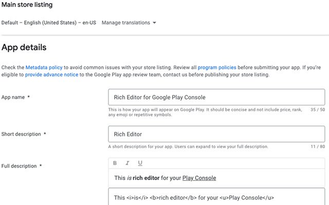 Rich Editor สำหรับ Google Play Console จาก Chrome เว็บสโตร์ที่จะรันด้วย OffiDocs Chromium ทางออนไลน์