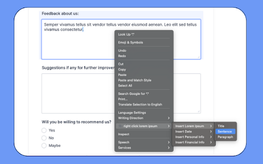 right click lorem ipsum  from Chrome web store to be run with OffiDocs Chromium online