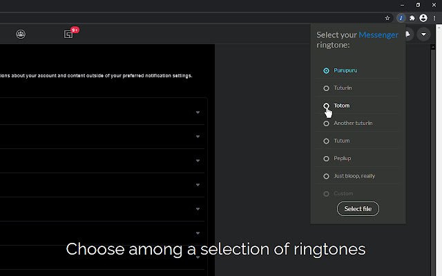 Ring a ton Een Messenger-ringtone-aanpasser van de Chrome-webwinkel die online met OffiDocs Chromium kan worden uitgevoerd