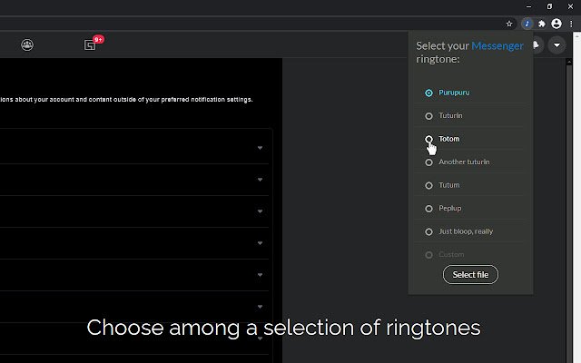 ക്രോം വെബ് സ്റ്റോറിൽ നിന്ന് ഒരു ടൺ എ മെസഞ്ചർ റിംഗ്‌ടോൺ കസ്റ്റമൈസർ റിംഗ് ചെയ്യുക, OffiDocs Chromium ഓൺലൈനിൽ പ്രവർത്തിക്കും