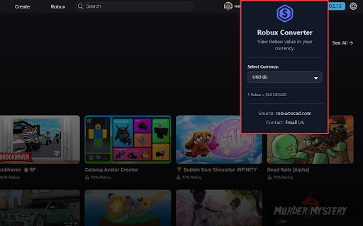 Robux to USD  Currency Value Converter for Roblox  from Chrome web store to be run with OffiDocs Chromium online