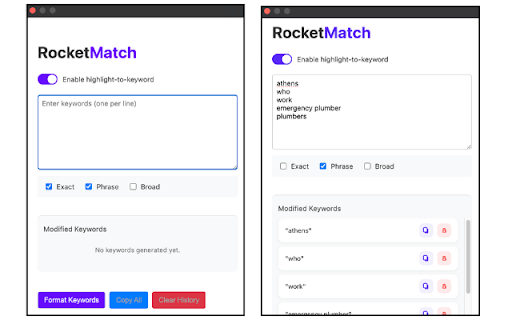 RocketMatch – Google Ads Keyword Formatter  from Chrome web store to be run with OffiDocs Chromium online