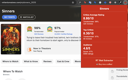 Rotten Tomatoes Average Rating Finder from Chrome web store to be run with OffiDocs Chromium online Rotten Tomatoes Average Rating Finder from Chrome web store to be run with OffiDocs Chromium online