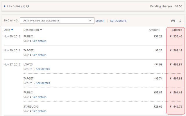 Running Balance for Chase  from Chrome web store to be run with OffiDocs Chromium online