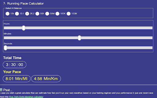 Running Pace Calculator  from Chrome web store to be run with OffiDocs Chromium online