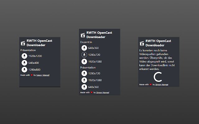 RWTH Opencast Downloader מחנות האינטרנט של Chrome להפעלה עם OffiDocs Chromium באינטרנט