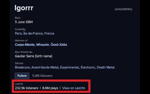 RYM Last.fm Stats  from Chrome web store to be run with OffiDocs Chromium online