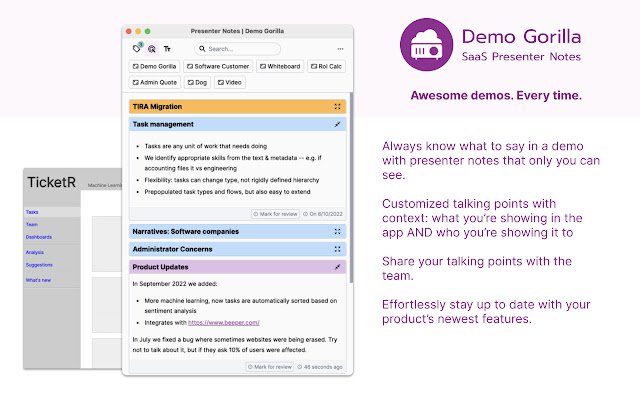 SaaS Presenter Notes de Demo Gorilla de Chrome web store para ejecutarse con OffiDocs Chromium en línea